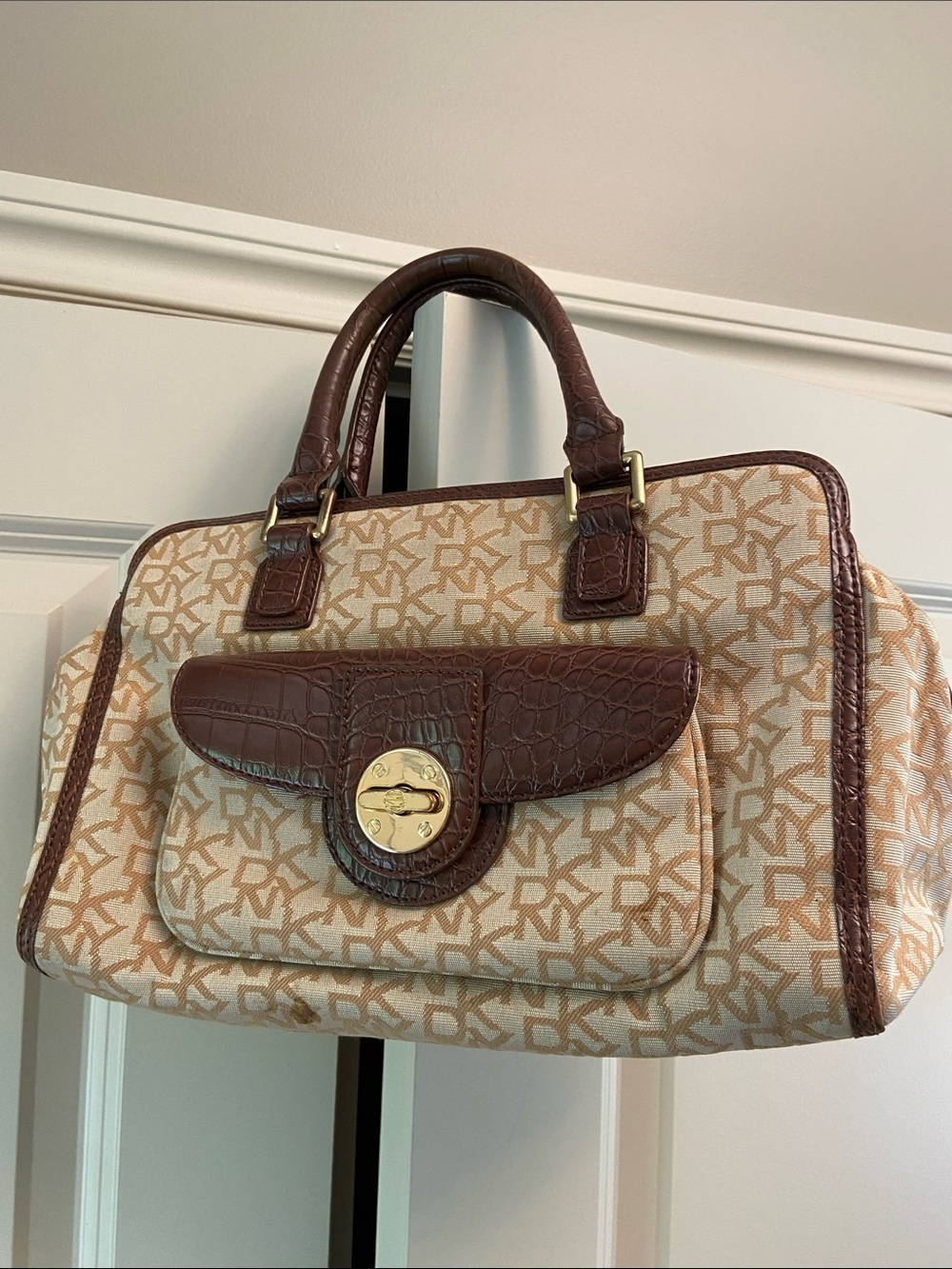 DKNY Vintage Y2K Cream & Brown Monogram Satchel with Croc-Embossed Trim